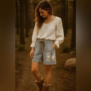 NEW Blue Denim Ticking Crochet and Lace Pocket Shorts